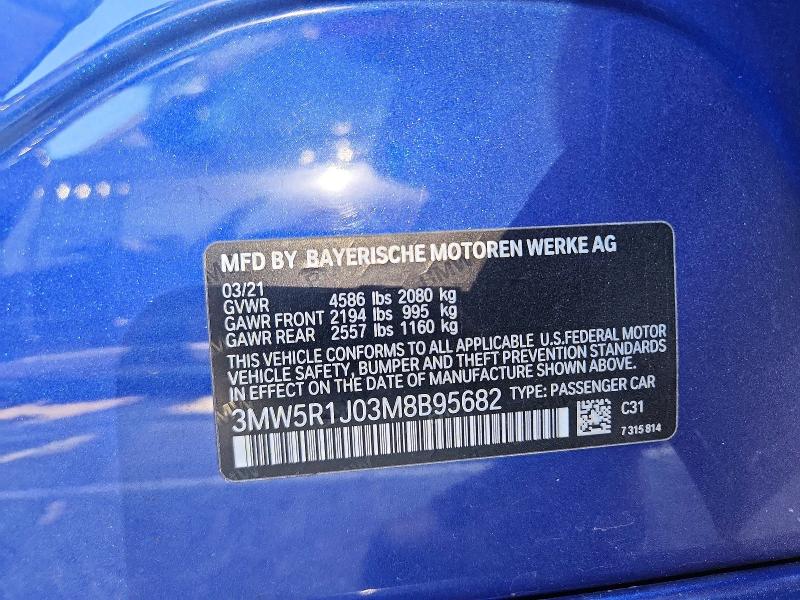 2021 Bmw 330i მანქანა იყიდება აუქციონზე, vin: 3MW5R1J03M8B95682, აუქციონის ნომერი: 53141096
