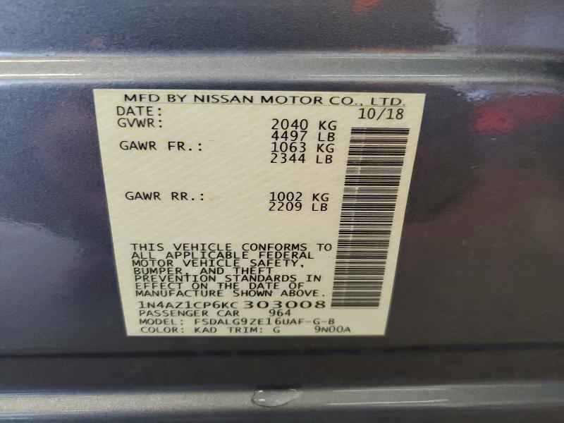 Продаж на аукціоні авто 2019 Nissan Leaf, vin: 1N4AZ1CP6KC303008, номер лоту: 53960296