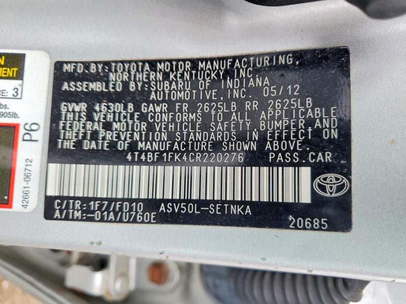 2012 Toyota Camry მანქანა იყიდება აუქციონზე, vin: 4T4BF1FK4CR220276, აუქციონის ნომერი: 52840646