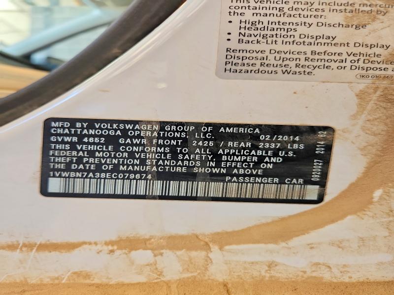 2014 Volkswagen Passat მანქანა იყიდება აუქციონზე, vin: 1VWBN7A38EC079674, აუქციონის ნომერი: 52921196