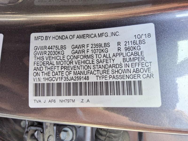 2018 Honda Accord მანქანა იყიდება აუქციონზე, vin: 1HGCV1F35JA259148, აუქციონის ნომერი: 54899796