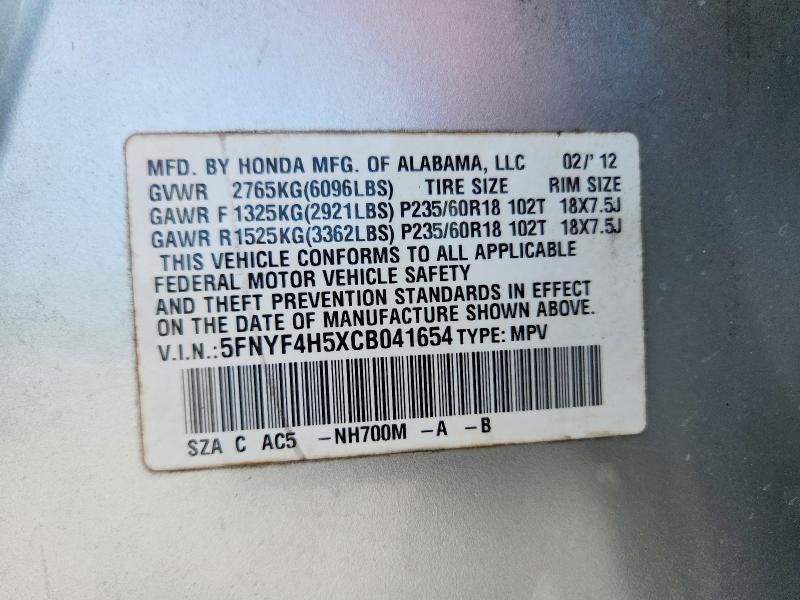 2012 Honda Pilot მანქანა იყიდება აუქციონზე, vin: 5FNYF4H5XCB041654, აუქციონის ნომერი: 52488666
