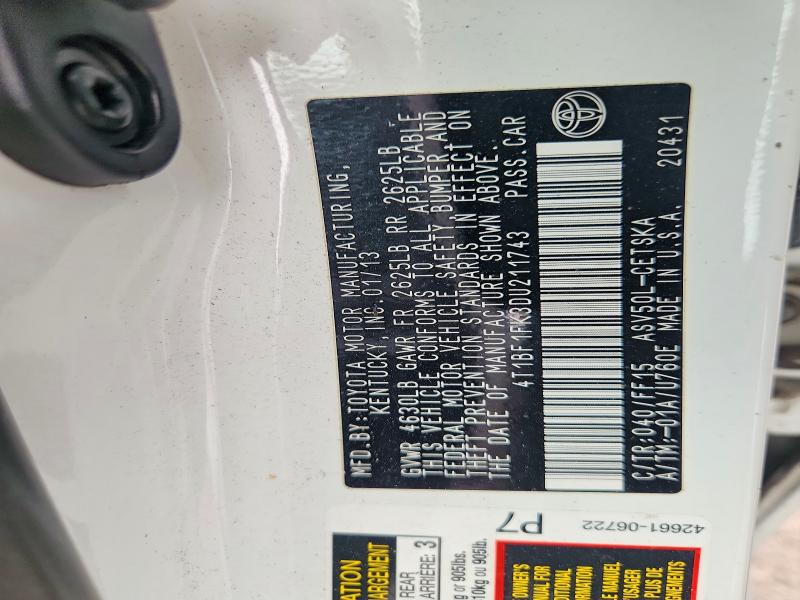 54873666 :رقم المزاد ، 4T1BF1FK3DU211743 vin ، 2013 Toyota Camry مزاد بيع