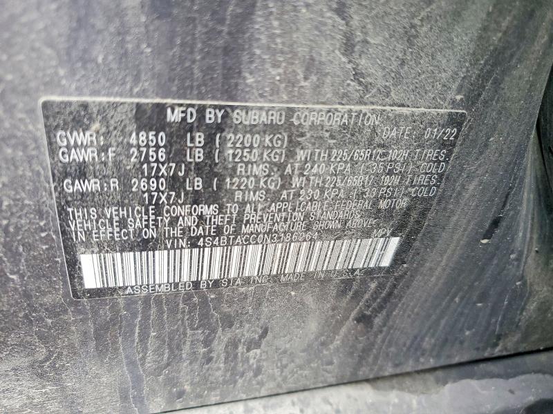 Продажа на аукционе авто 2022 Subaru Outback, vin: 4S4BTACC0N3186264, номер лота: 52579306