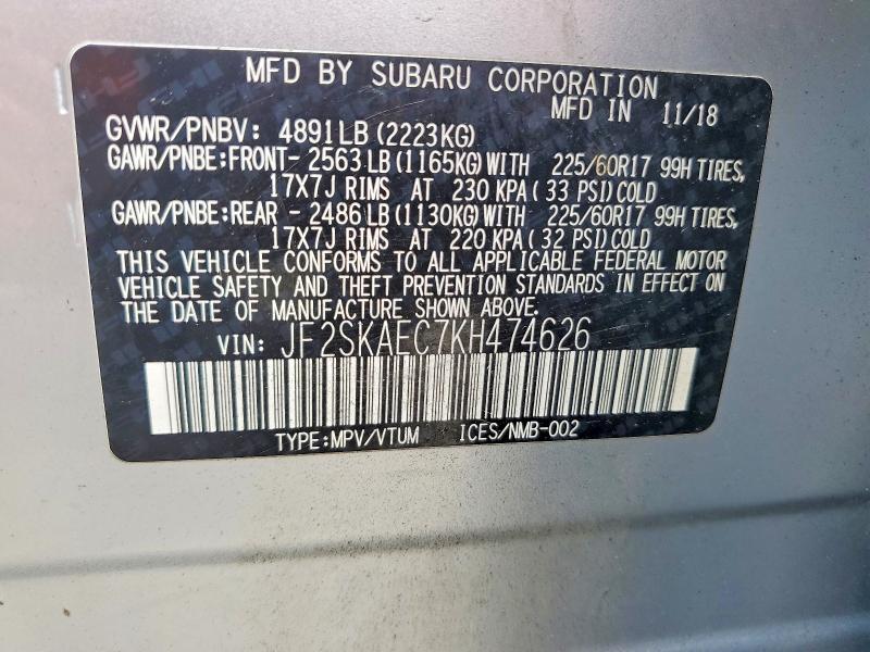 53060316 :رقم المزاد ، JF2SKAEC7KH474626 vin ، 2019 Subaru Forester مزاد بيع