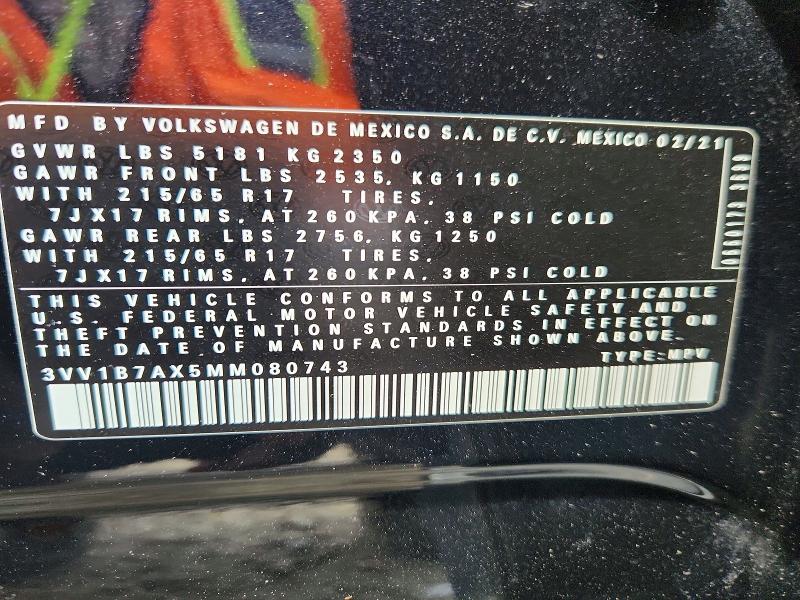 2021 Volkswagen Tiguan მანქანა იყიდება აუქციონზე, vin: 3VV1B7AX5MM080743, აუქციონის ნომერი: 53575516