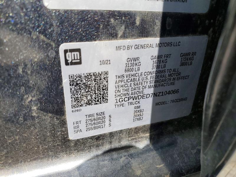 53139536 :رقم المزاد ، 1GCPWDED7NZ104066 vin ، 2022 Chevrolet Silverado Ltd مزاد بيع
