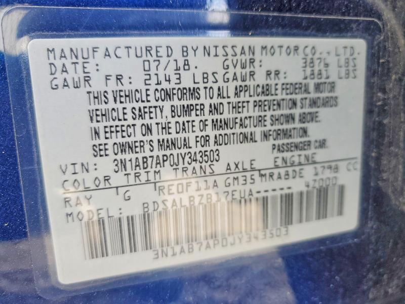 Auction sale of the 2018 Nissan Sentra, vin: 3N1AB7AP0JY343503, lot number: 54888246