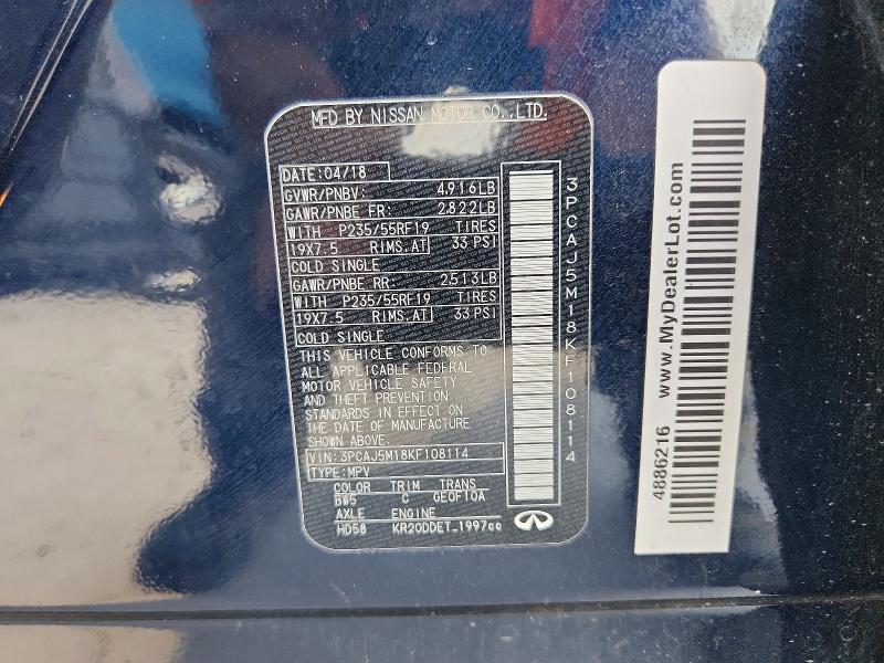 52952026 :رقم المزاد ، 3PCAJ5M18KF108114 vin ، 2019 Infiniti Qx50 مزاد بيع