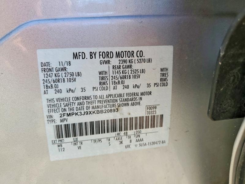 55008056 :رقم المزاد ، 2FMPK3J9XKBB20893 vin ، 2019 Ford Edge مزاد بيع