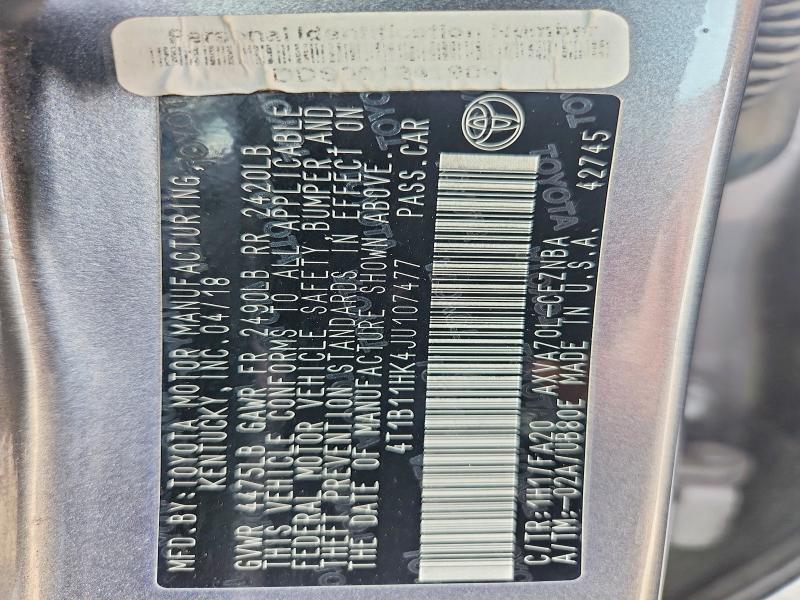 52081416 :رقم المزاد ، 4T1B11HK4JU107477 vin ، 2018 Toyota Camry مزاد بيع