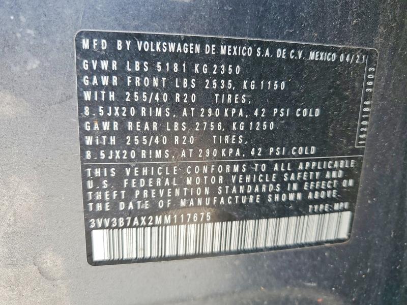 Продаж на аукціоні авто 2021 Volkswagen Tiguan, vin: 3VV3B7AX2MM117675, номер лоту: 53755046