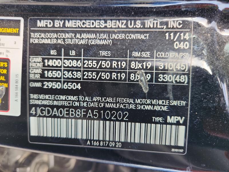 Продаж на аукціоні авто 2015 Mercedes-benz Ml, vin: 4JGDA0EB8FA510202, номер лоту: 54407316