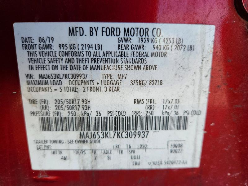 55379376 :رقم المزاد ، MAJ6S3KL7KC309937 vin ، 2019 Ford Ecosport مزاد بيع