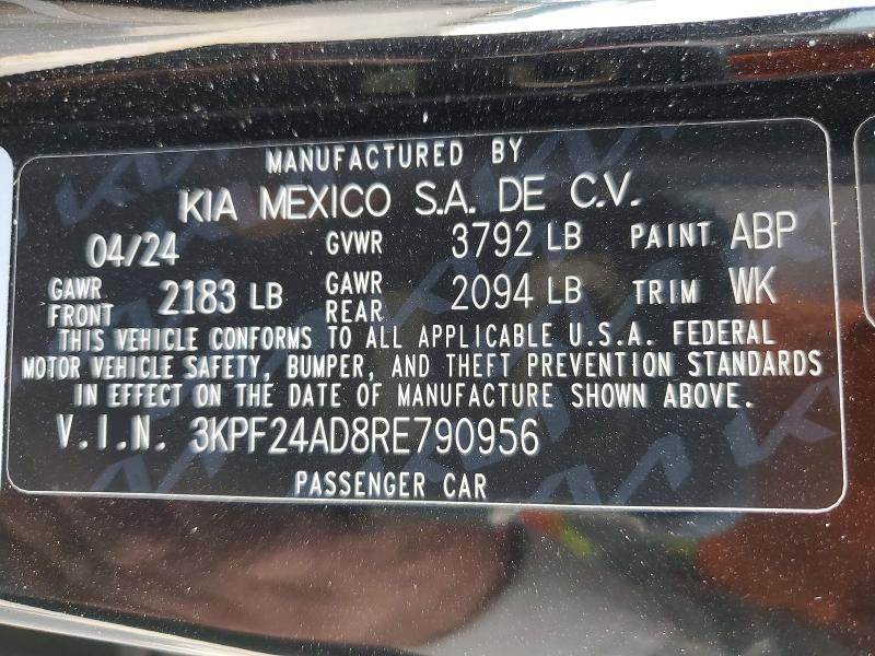 2024 Kia Forte მანქანა იყიდება აუქციონზე, vin: 3KPF24AD8RE790956, აუქციონის ნომერი: 54525296