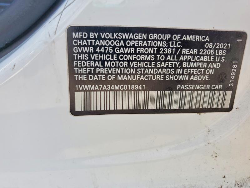 52316756 :رقم المزاد ، 1VWMA7A34MC018941 vin ، 2021 Volkswagen Passat مزاد بيع