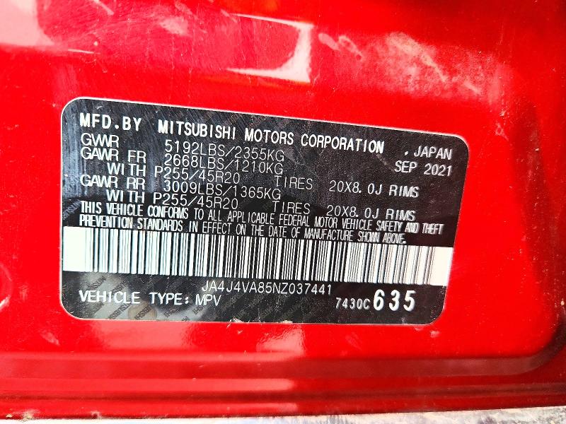 54590686 :رقم المزاد ، JA4J4VA85NZ037441 vin ، 2022 Mitsubishi Outlander مزاد بيع