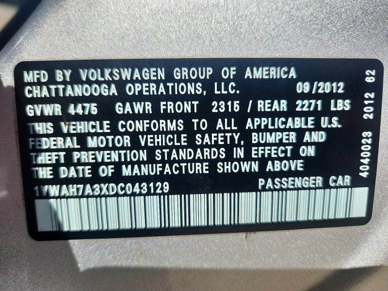 2013 Volkswagen Passat მანქანა იყიდება აუქციონზე, vin: 1VWAH7A3XDC043129, აუქციონის ნომერი: 53222386