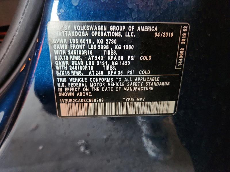54875166 :رقم المزاد ، 1V2UR2CA0KC558308 vin ، 2019 Volkswagen Atlas مزاد بيع