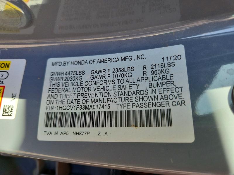 Aukcja sprzedaży 2021 Honda Accord, vin: 1HGCV1F33MA017415, numer aukcji: 54499086