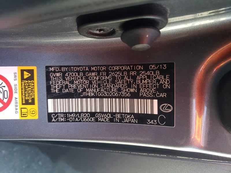 51981536 :رقم المزاد ، JTHBK1GG3D2067356 vin ، 2013 Lexus Es350 مزاد بيع