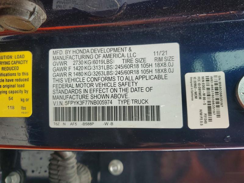 2022 Honda Ridgeline მანქანა იყიდება აუქციონზე, vin: 5FPYK3F77NB005974, აუქციონის ნომერი: 53599816