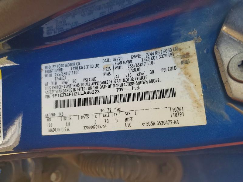 2020 Ford Ranger მანქანა იყიდება აუქციონზე, vin: 1FTER4FH2LLA46223, აუქციონის ნომერი: 53815586