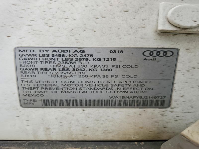 54996916 :رقم المزاد ، WA1BNAFY5J2149727 vin ، 2018 Audi Q5 مزاد بيع