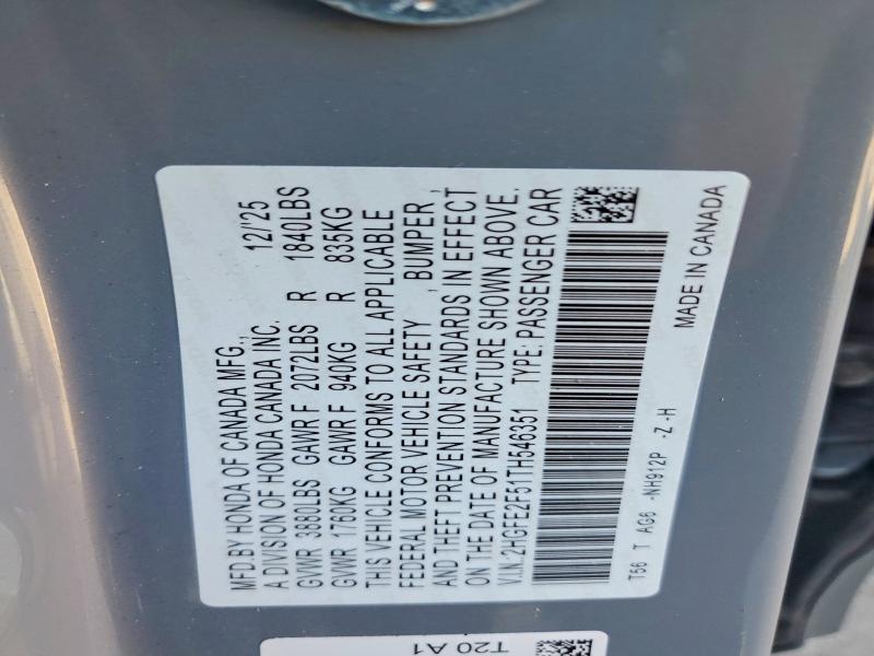 Продаж на аукціоні авто 2026 Honda Civic, vin: 2HGFE2F51TH546351, номер лоту: 54165416