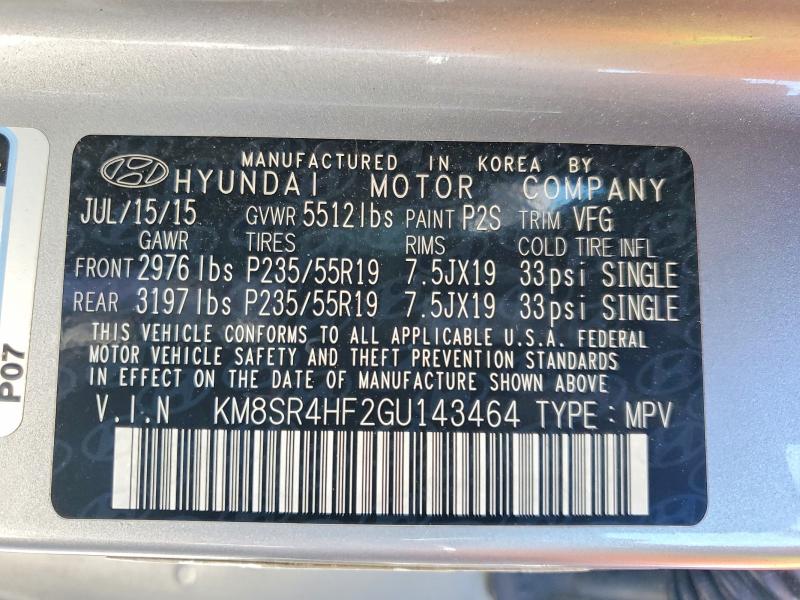 2016 Hyundai Santa Fe მანქანა იყიდება აუქციონზე, vin: KM8SR4HF2GU143464, აუქციონის ნომერი: 52056016