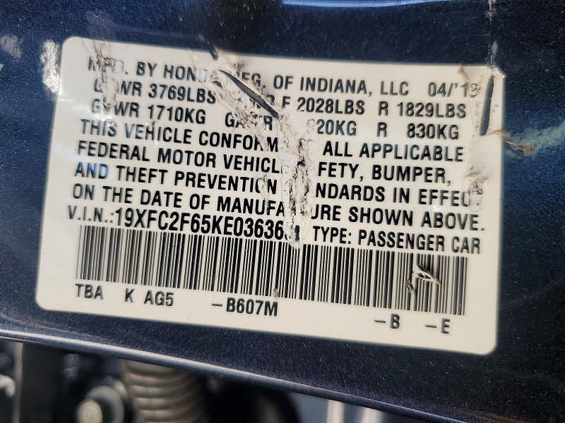 2019 Honda Civic მანქანა იყიდება აუქციონზე, vin: 19XFC2F65KE036365, აუქციონის ნომერი: 53654756