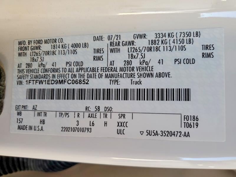 Aukcja sprzedaży 2021 Ford F150, vin: 1FTFW1ED9MFC06852, numer aukcji: 54543026