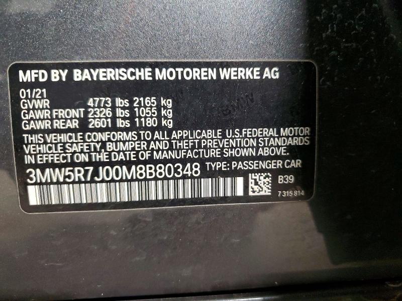 54337756 :رقم المزاد ، 3MW5R7J00M8B80348 vin ، 2021 Bmw 330xi مزاد بيع