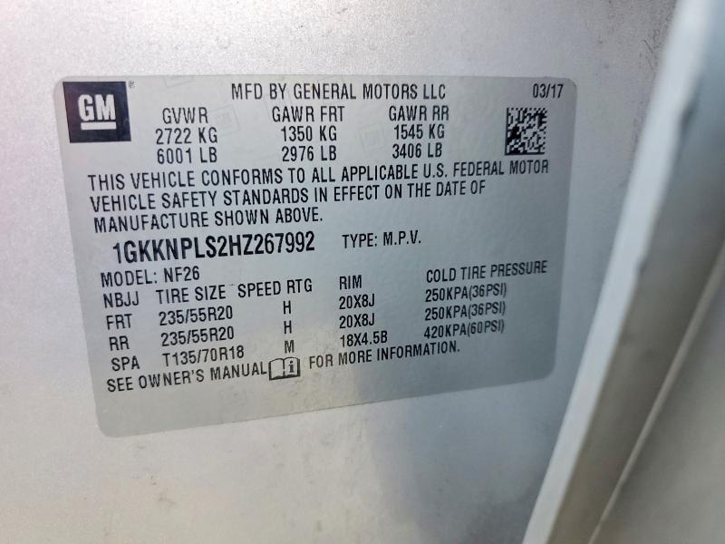 52906916 :رقم المزاد ، 1GKKNPLS2HZ267992 vin ، 2017 Gmc Acadia مزاد بيع
