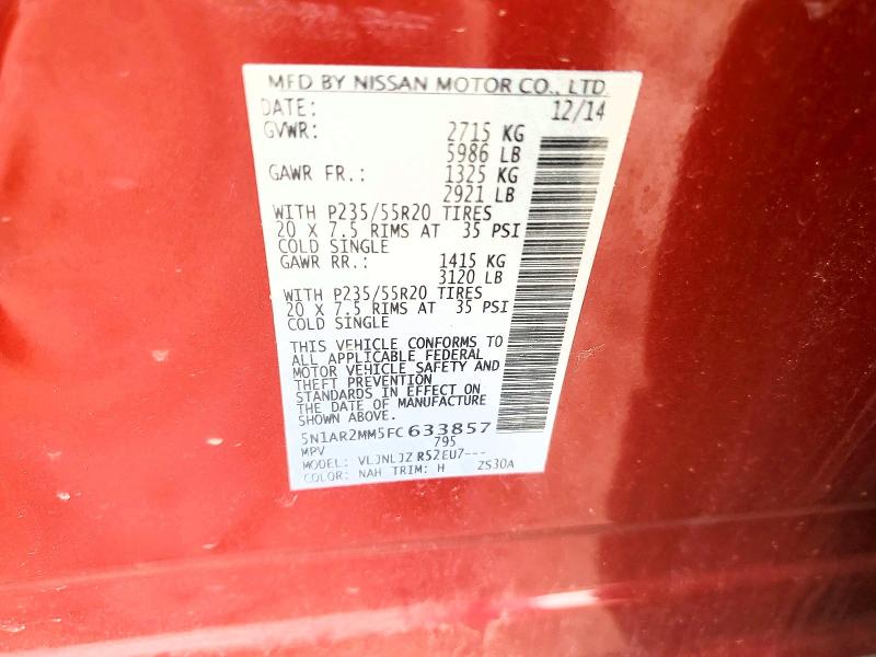 Продаж на аукціоні авто 2015 Nissan Pathfinder, vin: 5N1AR2MM5FC633857, номер лоту: 53901136