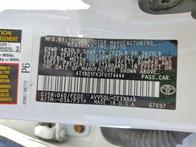 2015 Toyota Camry Hybrid მანქანა იყიდება აუქციონზე, vin: 4T1BD1FK3FU174444, აუქციონის ნომერი: 54303786