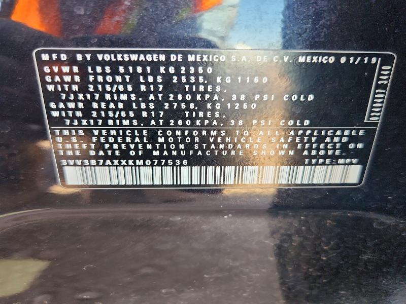 53280216 :رقم المزاد ، 3VV3B7AXXKM077536 vin ، 2019 Volkswagen Tiguan مزاد بيع