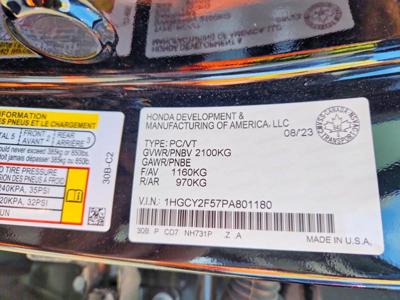 48839536 :رقم المزاد ، 1HGCY2F57PA801180 vin ، 2023 Honda Accord مزاد بيع