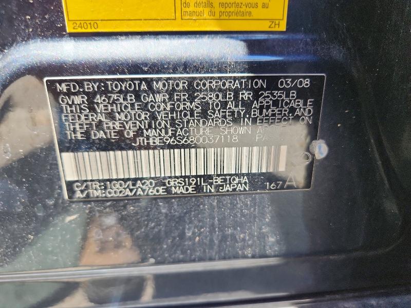 Aukcja sprzedaży 2008 Lexus Gs, vin: JTHBE96S680037118, numer aukcji: 54145426