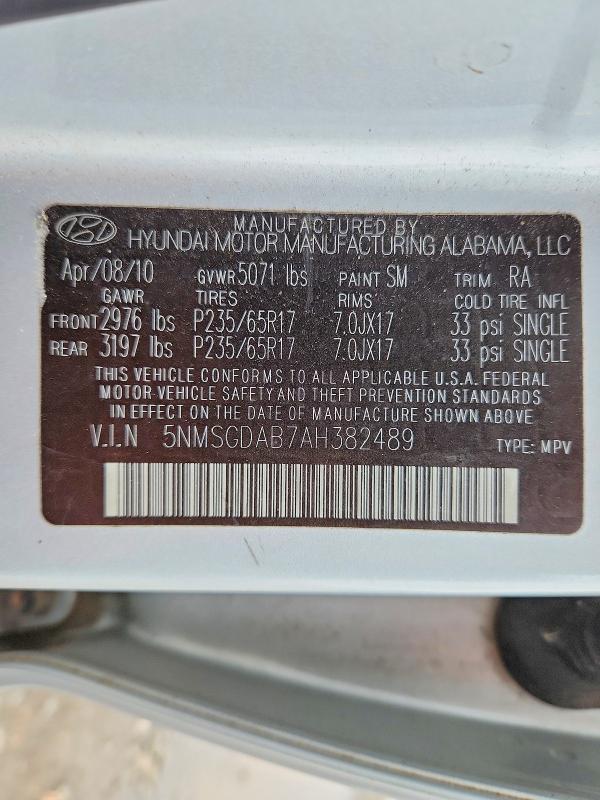 2010 Hyundai Santa Fe მანქანა იყიდება აუქციონზე, vin: 5NMSGDAB7AH382489, აუქციონის ნომერი: 52926126