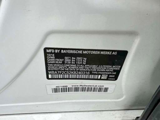 48898806 :رقم المزاد ، WBA7F2C52KB240316 vin ، 2019 Bmw 750 مزاد بيع