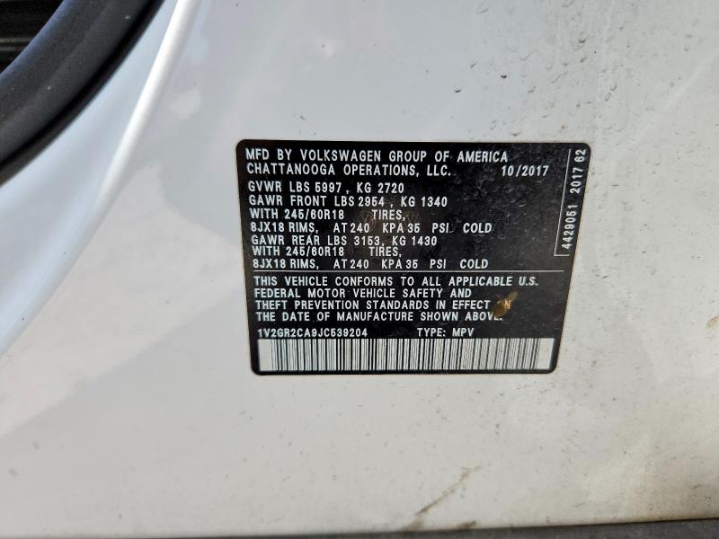 2018 Volkswagen Atlas მანქანა იყიდება აუქციონზე, vin: 1V2GR2CA9JC539204, აუქციონის ნომერი: 54958576