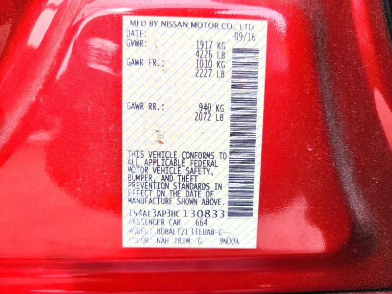 54434396 :رقم المزاد ، 1N4AL3AP3HC130833 vin ، 2017 Nissan Altima مزاد بيع
