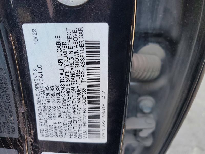 2022 Honda Accord მანქანა იყიდება აუქციონზე, vin: 1HGCV1F35NA087855, აუქციონის ნომერი: 52445876