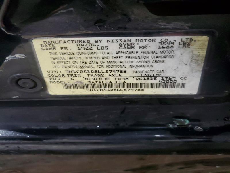 Aukcja sprzedaży 2006 Nissan Sentra, vin: 3N1CB51D86L574723, numer aukcji: 54019586