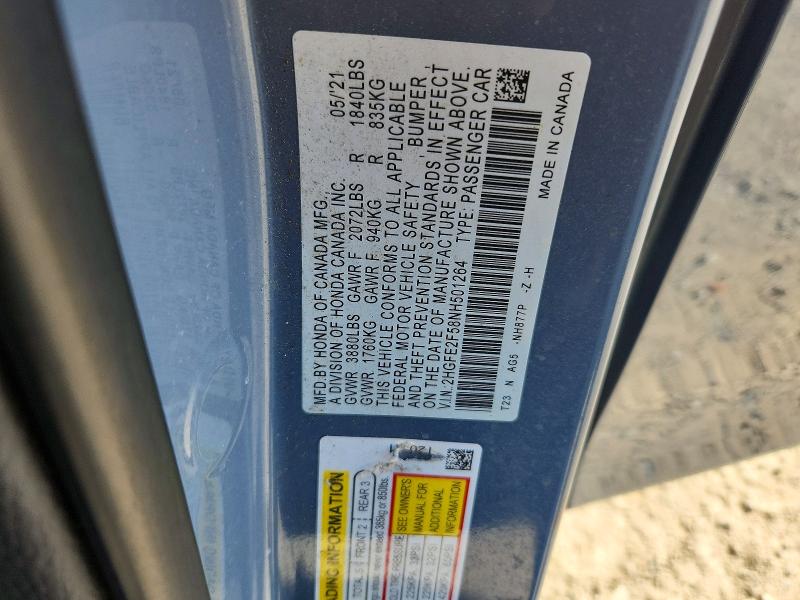 2022 Honda Civic მანქანა იყიდება აუქციონზე, vin: 2HGFE2F58NH501264, აუქციონის ნომერი: 53773796