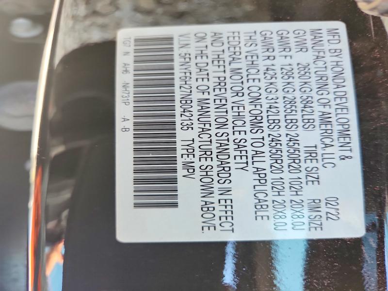 54618316 :رقم المزاد ، 5FNYF6H27NB042135 vin ، 2022 Honda Pilot مزاد بيع