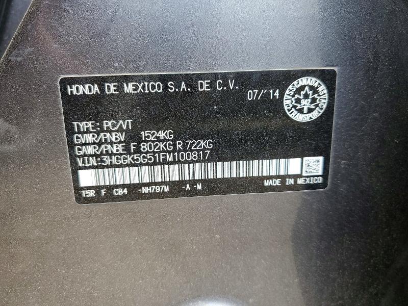 Aukcja sprzedaży 2015 Honda Fit, vin: 3HGGK5G51FM100817, numer aukcji: 51761146