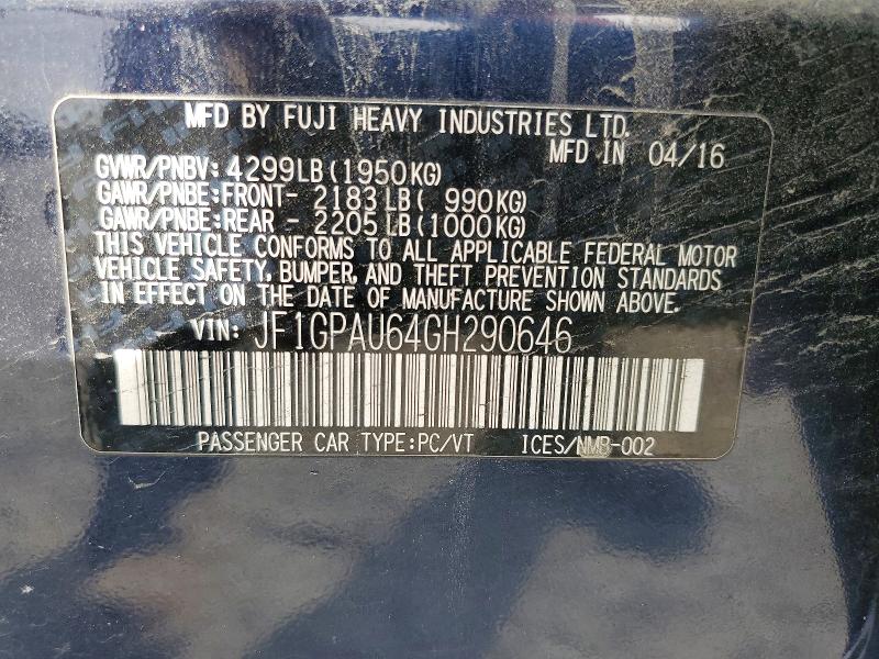 52768616 :رقم المزاد ، JF1GPAU64GH290646 vin ، 2016 Subaru Impreza مزاد بيع