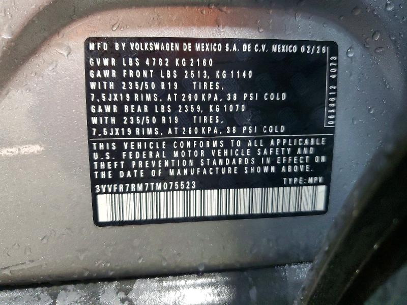 53431316 :رقم المزاد ، 3VVFR7RM7TM075523 vin ، 2026 Volkswagen Tiguan مزاد بيع